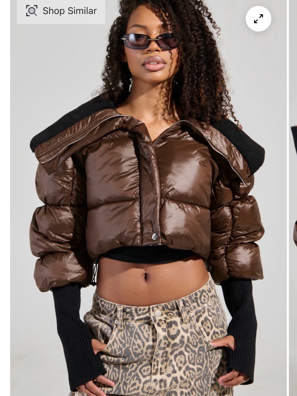 AKIRA Cropped Brown Puffer Jacket with Black Collar